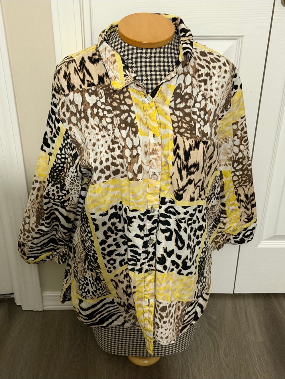 Allison Daley Women's Mixed Animal Print Button-Up Shirt - Yellow & Brown 1x